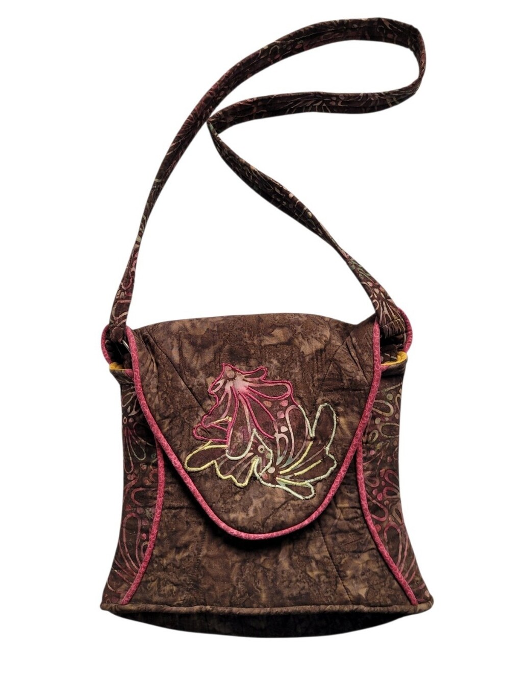Boho Batik Crossbody Bag Floral  Embroidered Brown Quilted